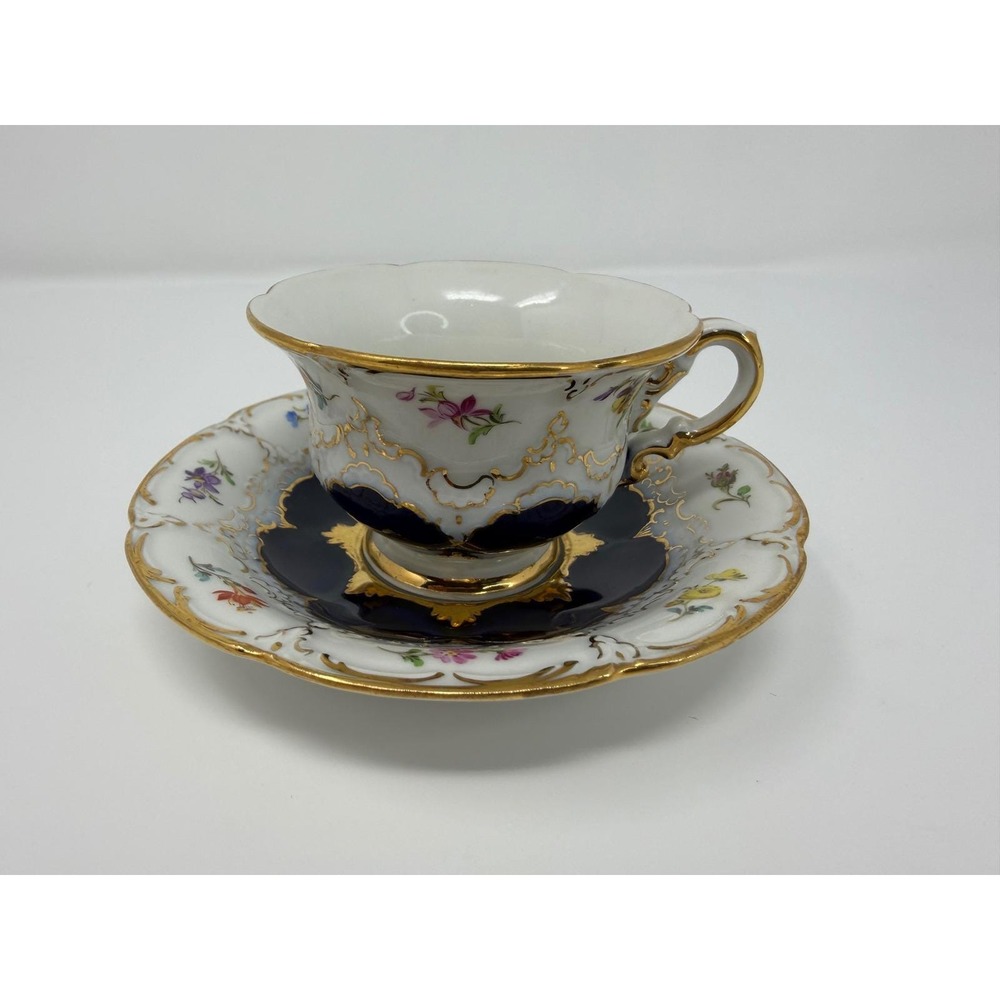 Antique Meissen Cobalt Blue Gold Teacup Saucer Marcolini Era German Flowers 1st